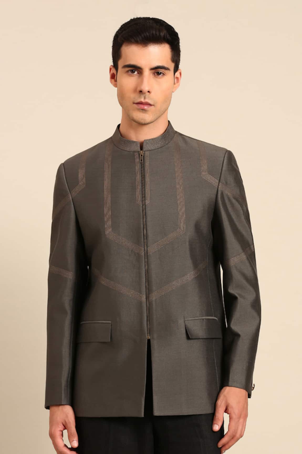 Mayank Modi - Men Geometric Pattern Zipper Bandhgala