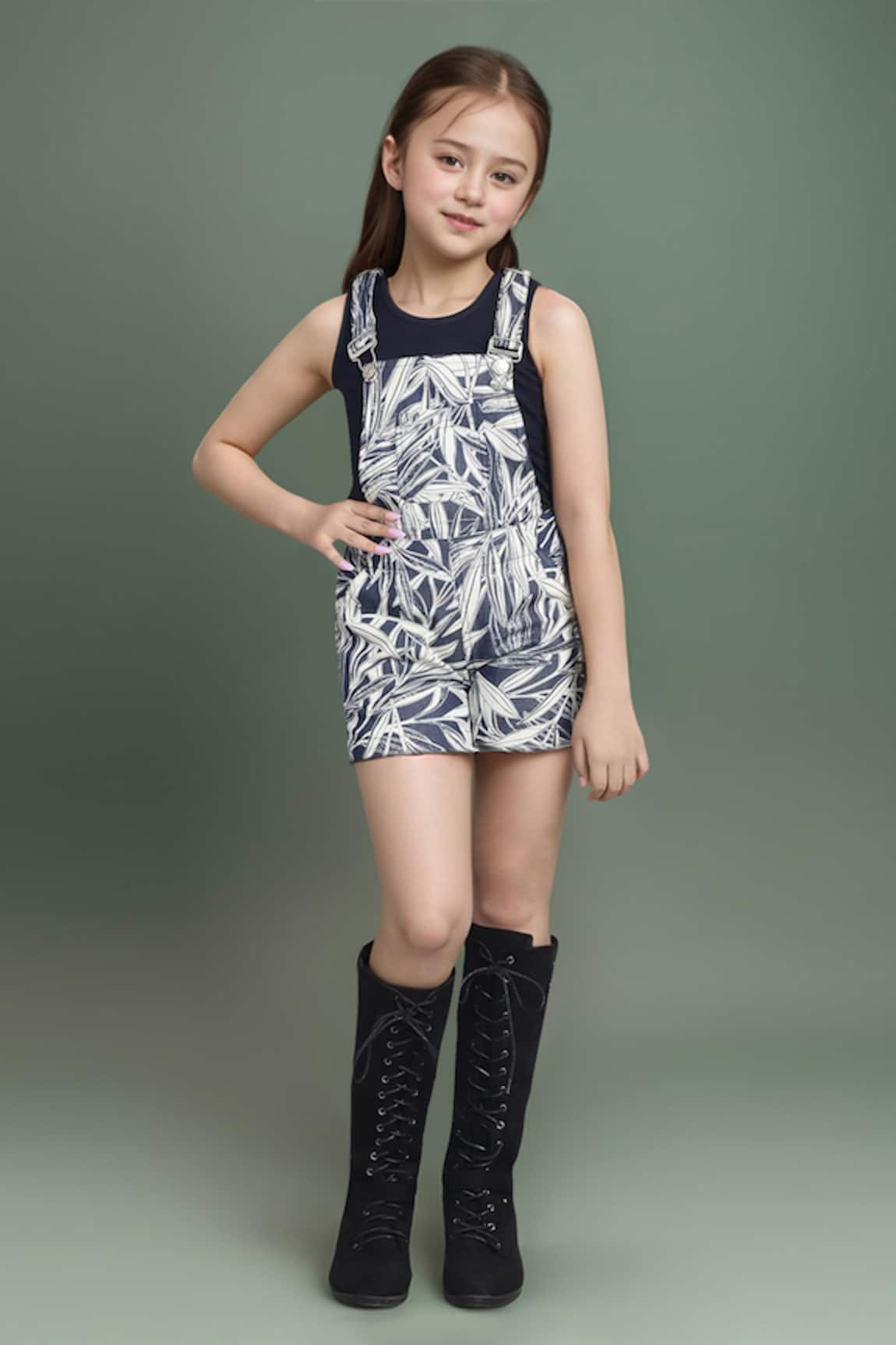 Petite Pomme Leaf Print Dungarees & Sleeveless T-Shirt Set 