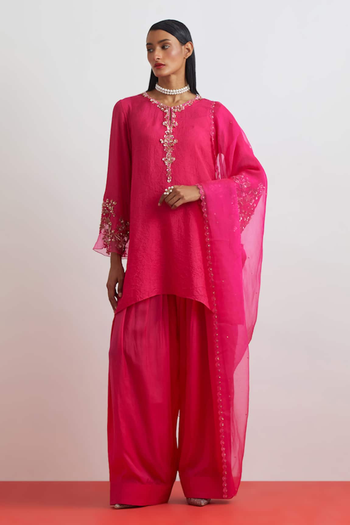 One Not Two Organza Floral Thread Work Sequins Dupatta