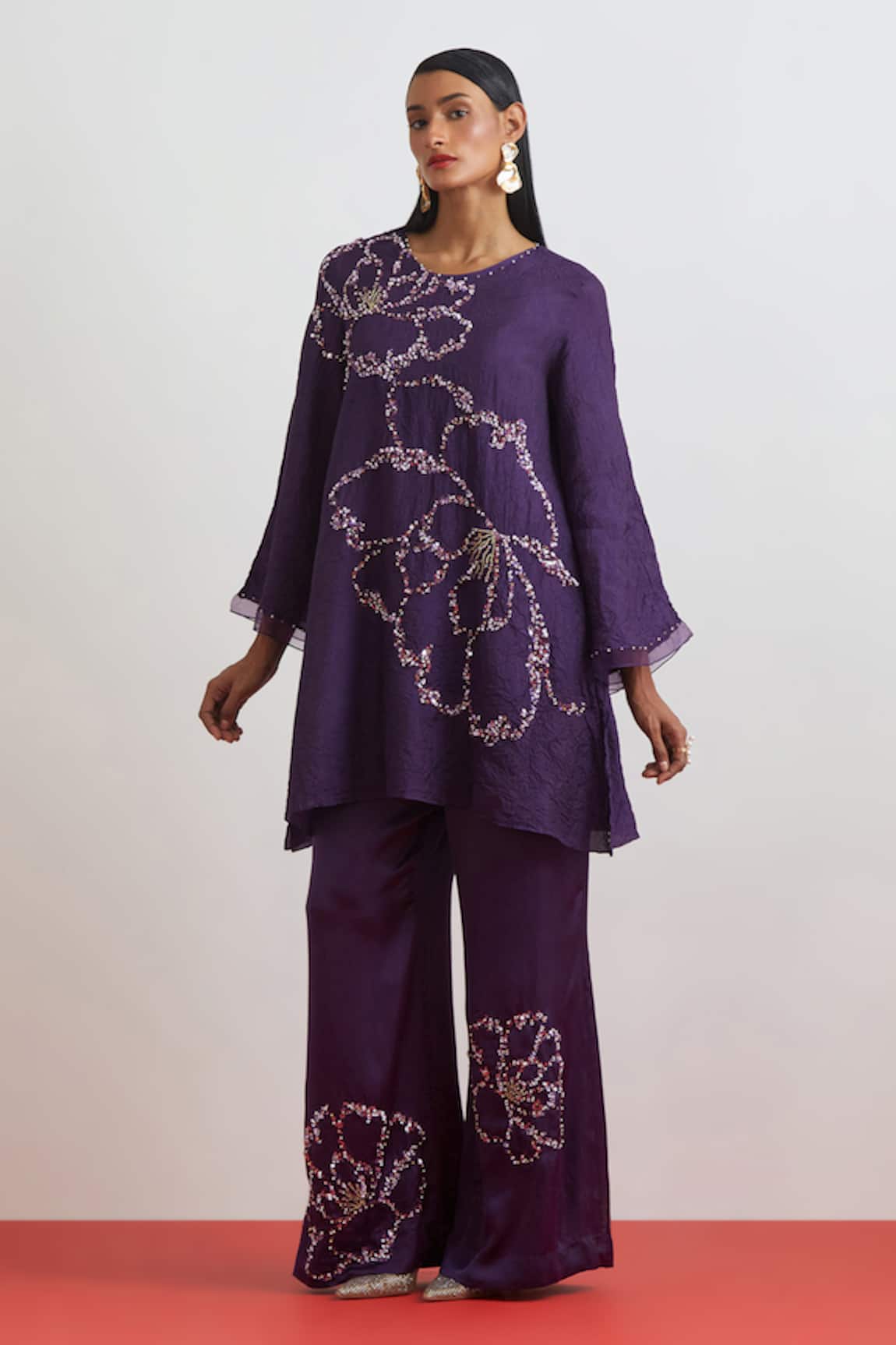 One Not Two Floral Encrusted Kurta & Bell Bottom Set