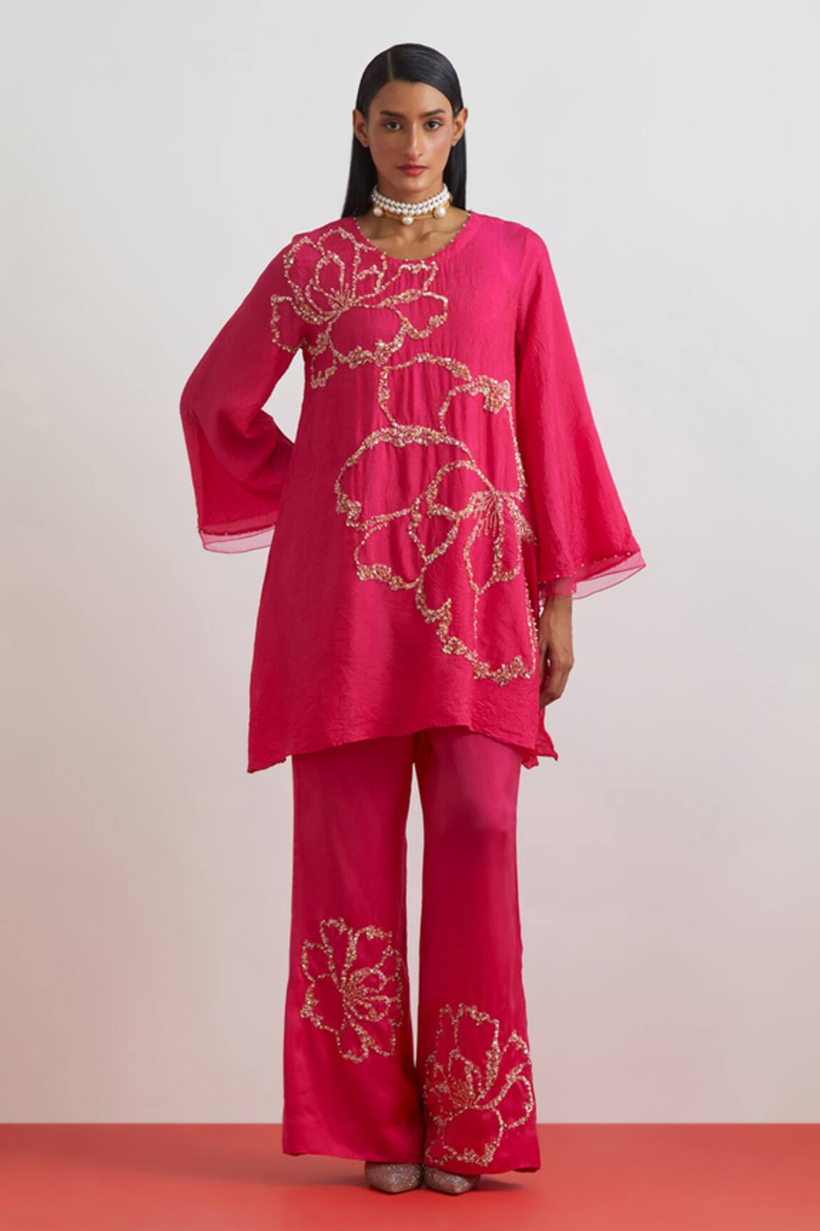 One Not Two Floral Embroidered Crushed Silk Kurta & Pant Set