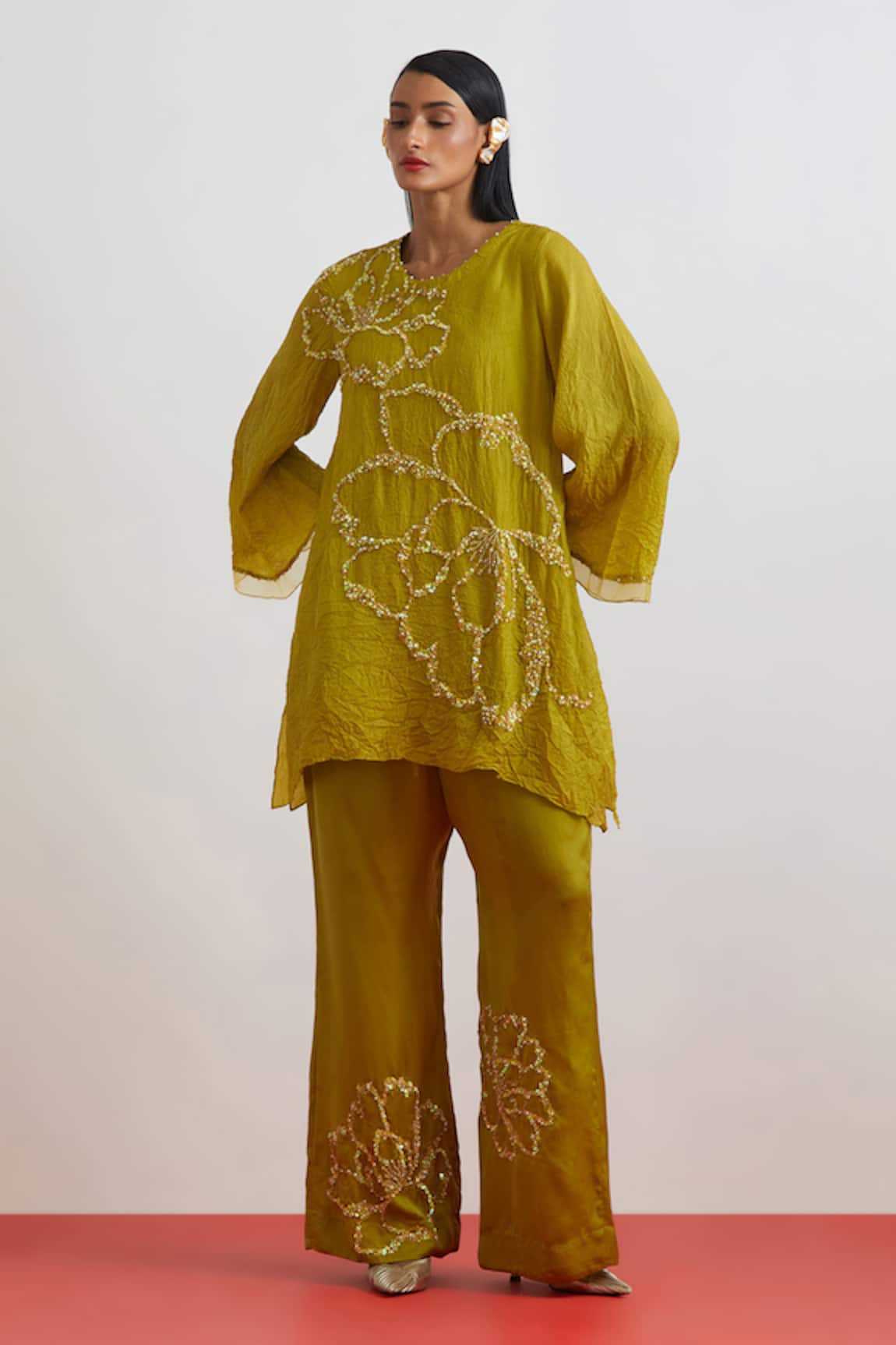 One Not Two Crushed Silk Floral Embroidered Kurta & Bell Bottom
