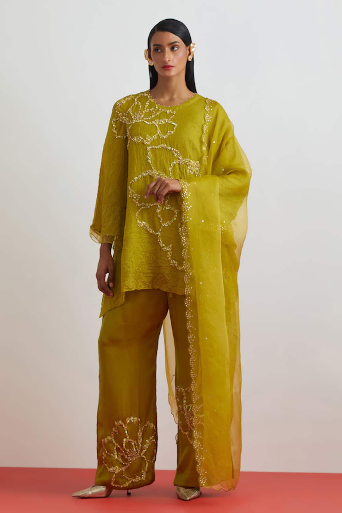 One Not Two Silk Organza Scalloped Sequin Dupatta