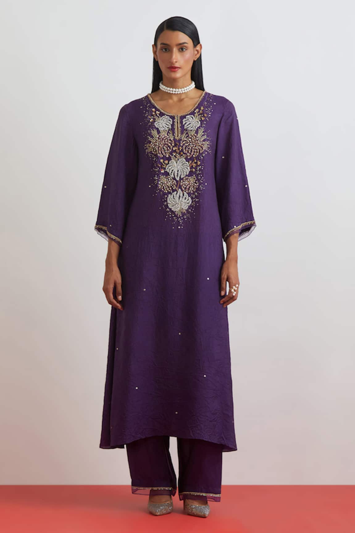 One Not Two Crushed Silk Floral Embroidered Kurta Set