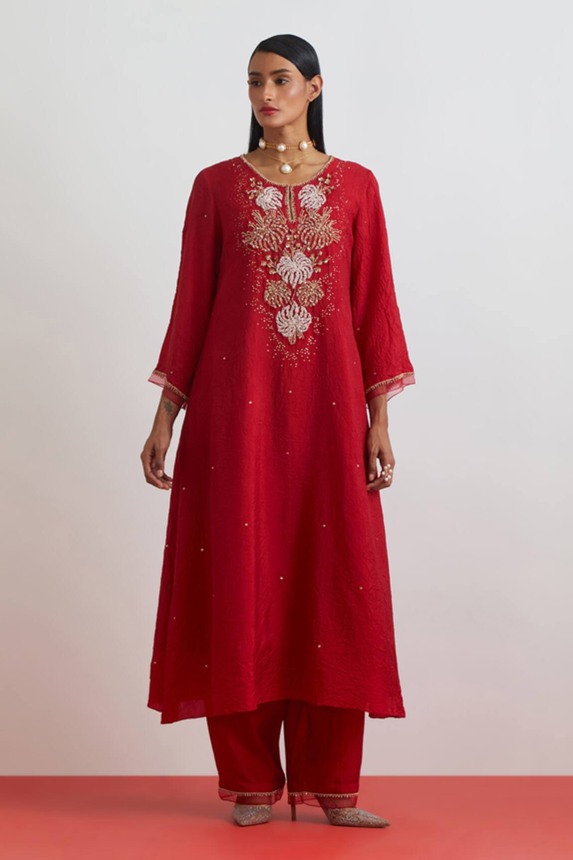One Not Two Crushed Silk Floral Embroidered Kurta Set