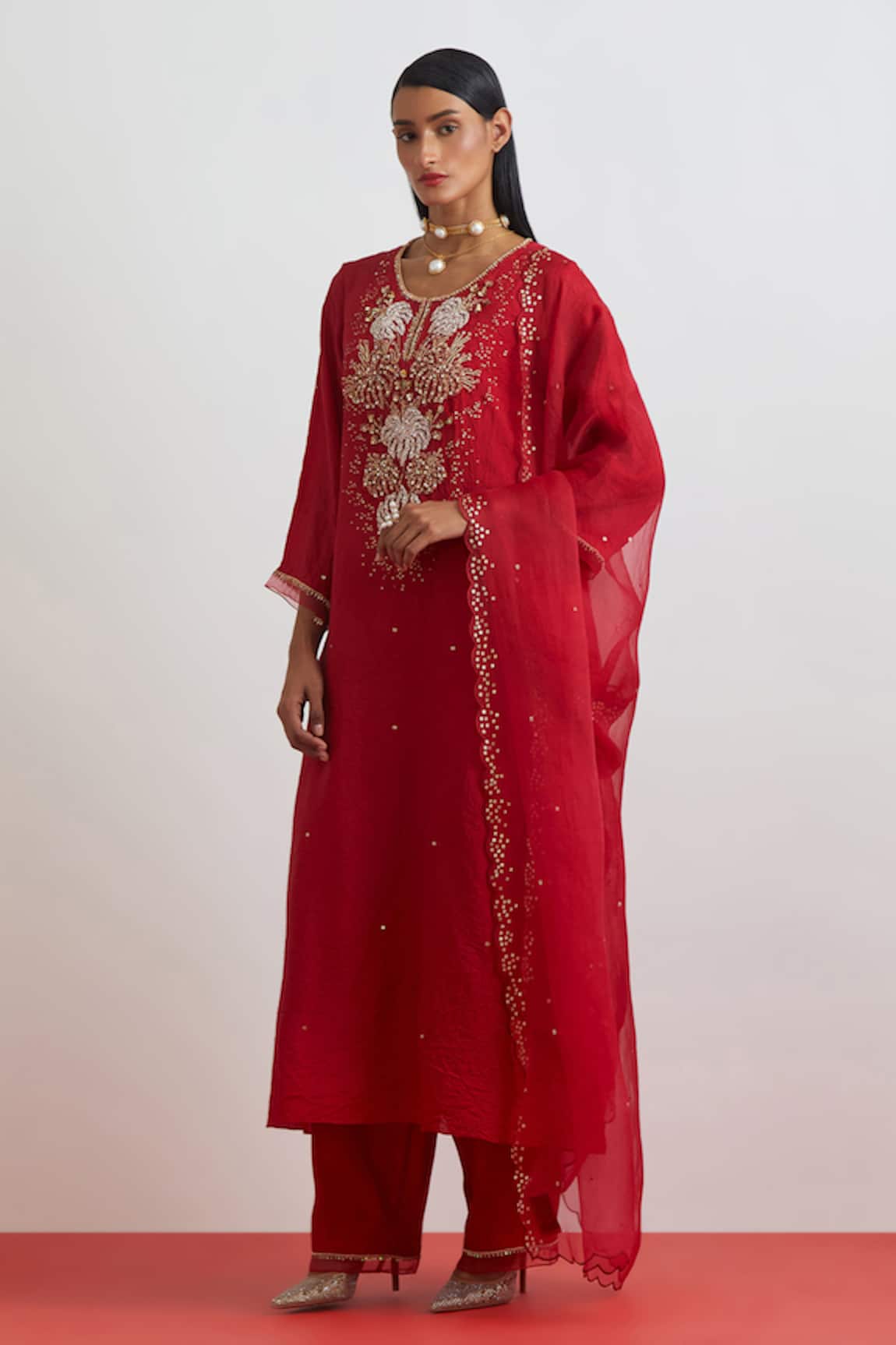 One Not Two Silk Organza Scalloped Sequins Dupatta