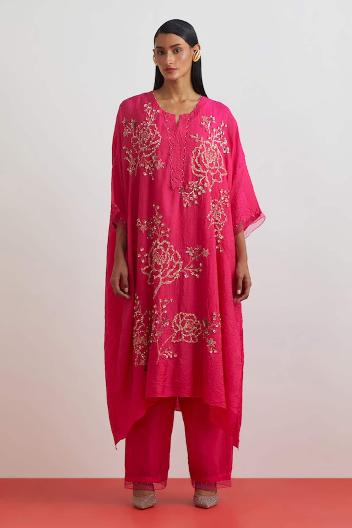 One Not Two Crushed Silk Embroidered Roses Kaftan Set