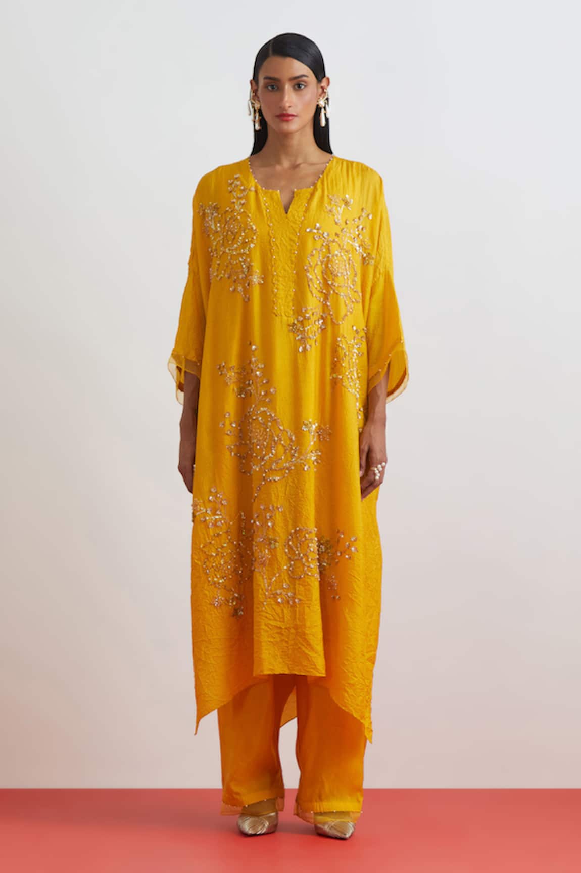 One Not Two Crushed Silk Embroidered Roses Kaftan Set