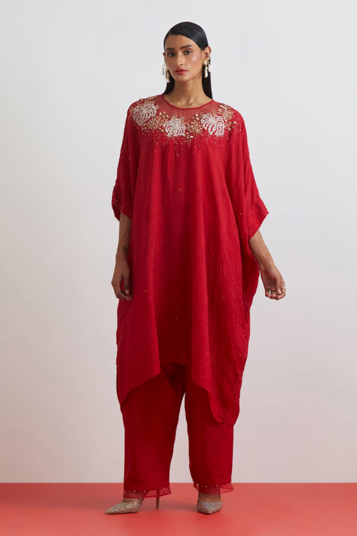 One Not Two Crushed Silk Floral Hand Embroidered Kaftan Set