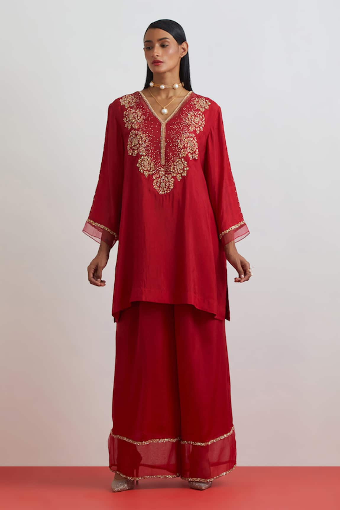 One Not Two Rose Garland Embroidered Short Kurta & Pant Set