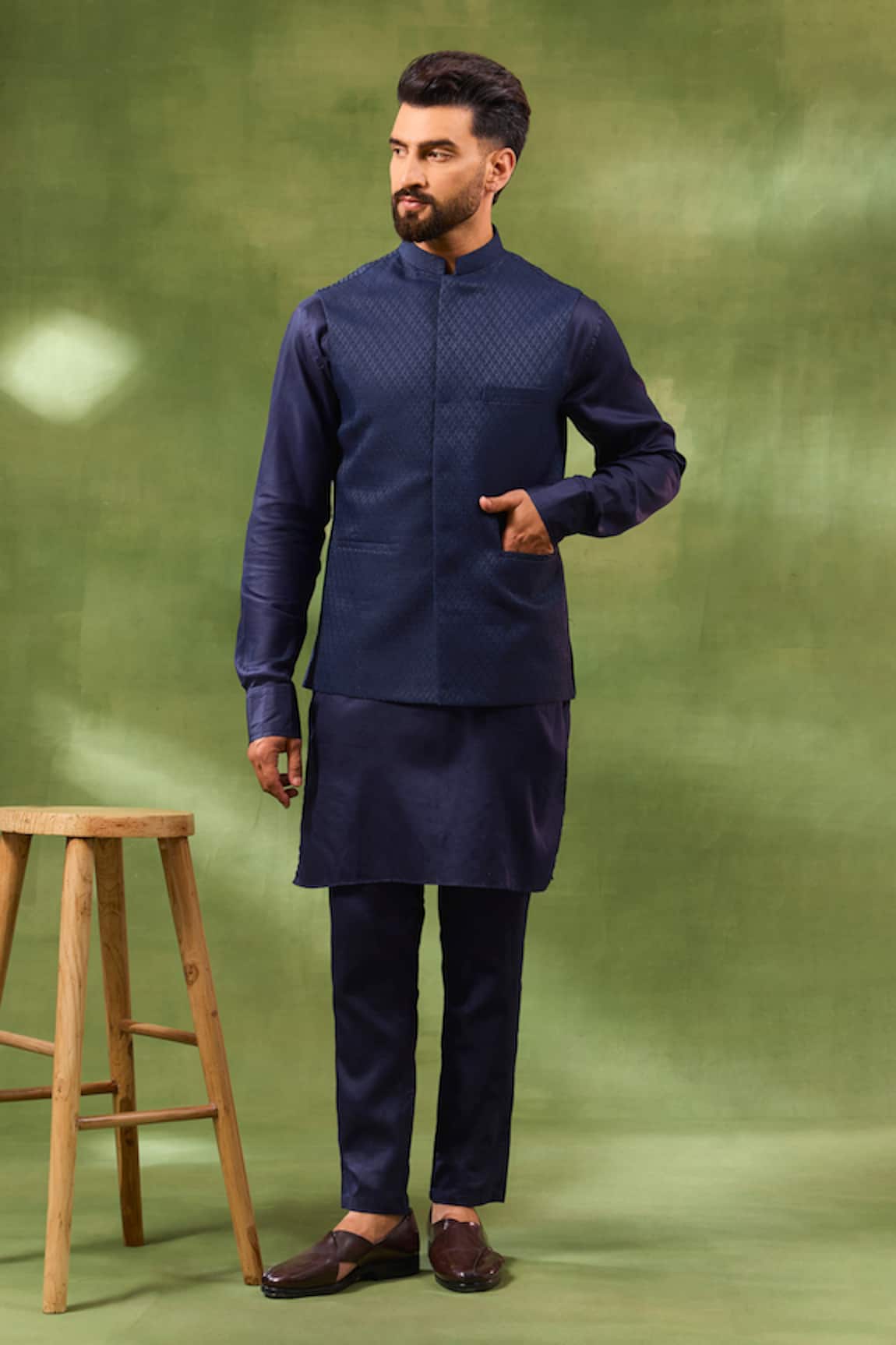 Spring Break Navy Jacquard Woven Bundi & Kurta Set