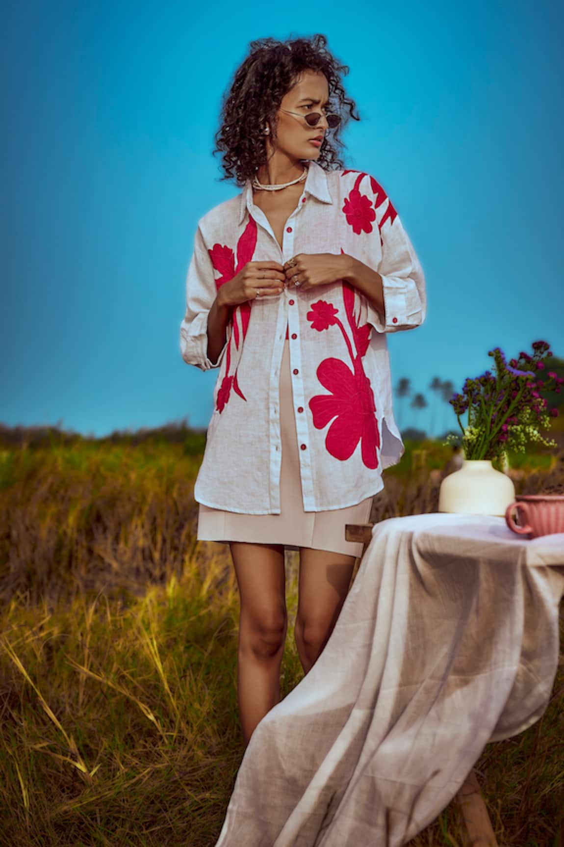 Linen Bloom Applique Embroidered Shirt