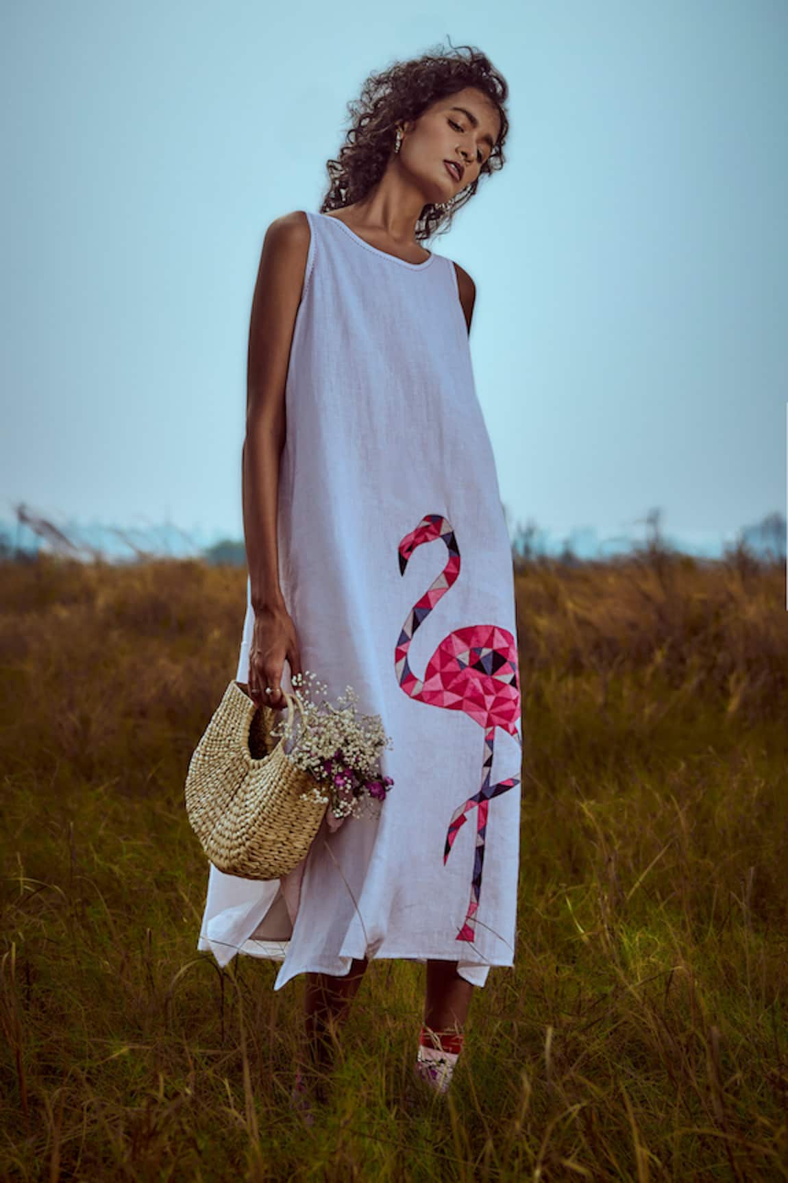 Linen Bloom Flamingo Embroidered Dress