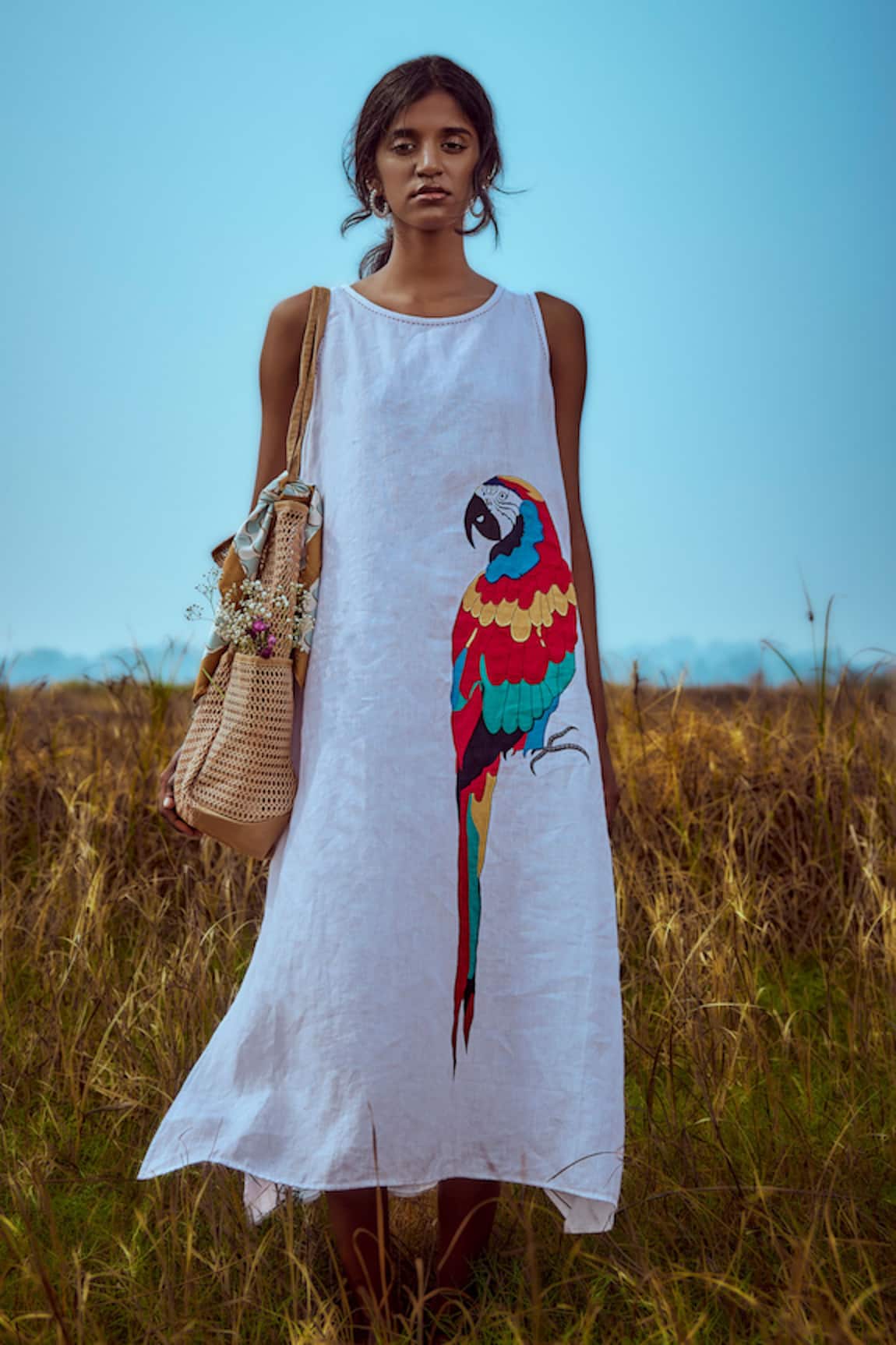 Linen Bloom Macaw Embroidered Dress