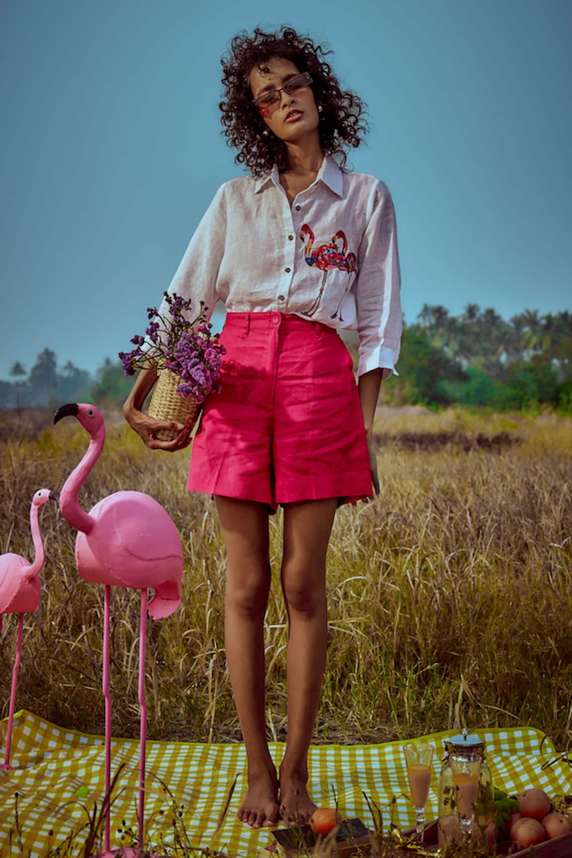 Linen Bloom Flamingo White Shirt