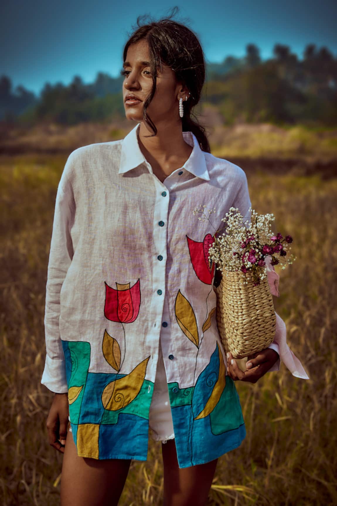 Linen Bloom Floral Applique Embroidered Shirt