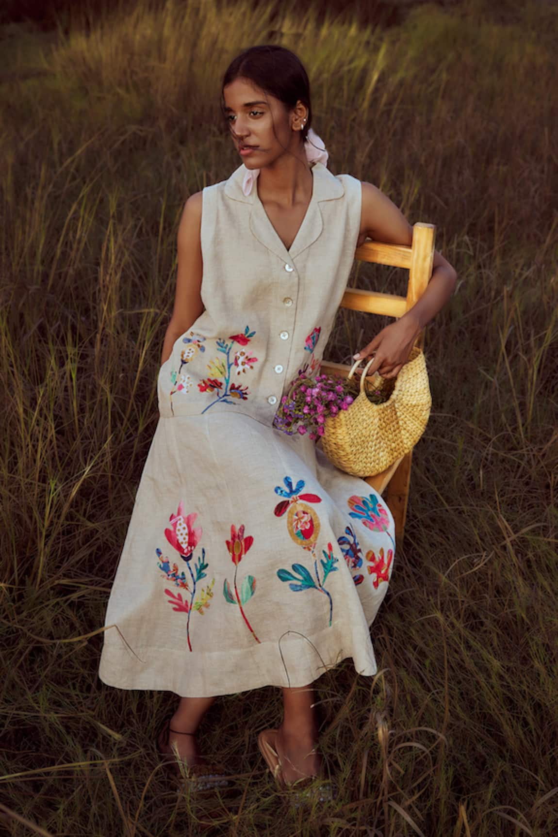 Linen Bloom Applique Embroidered Shirt 