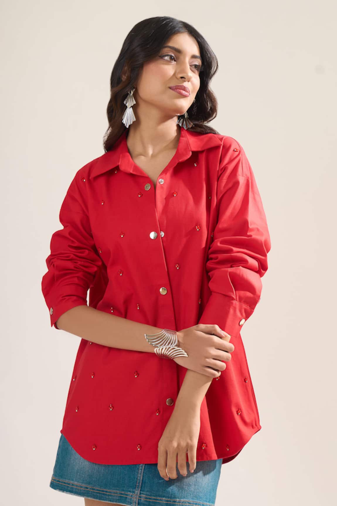 Elarra By Pratyancha Denim Embellished Full Sleeve Shirt