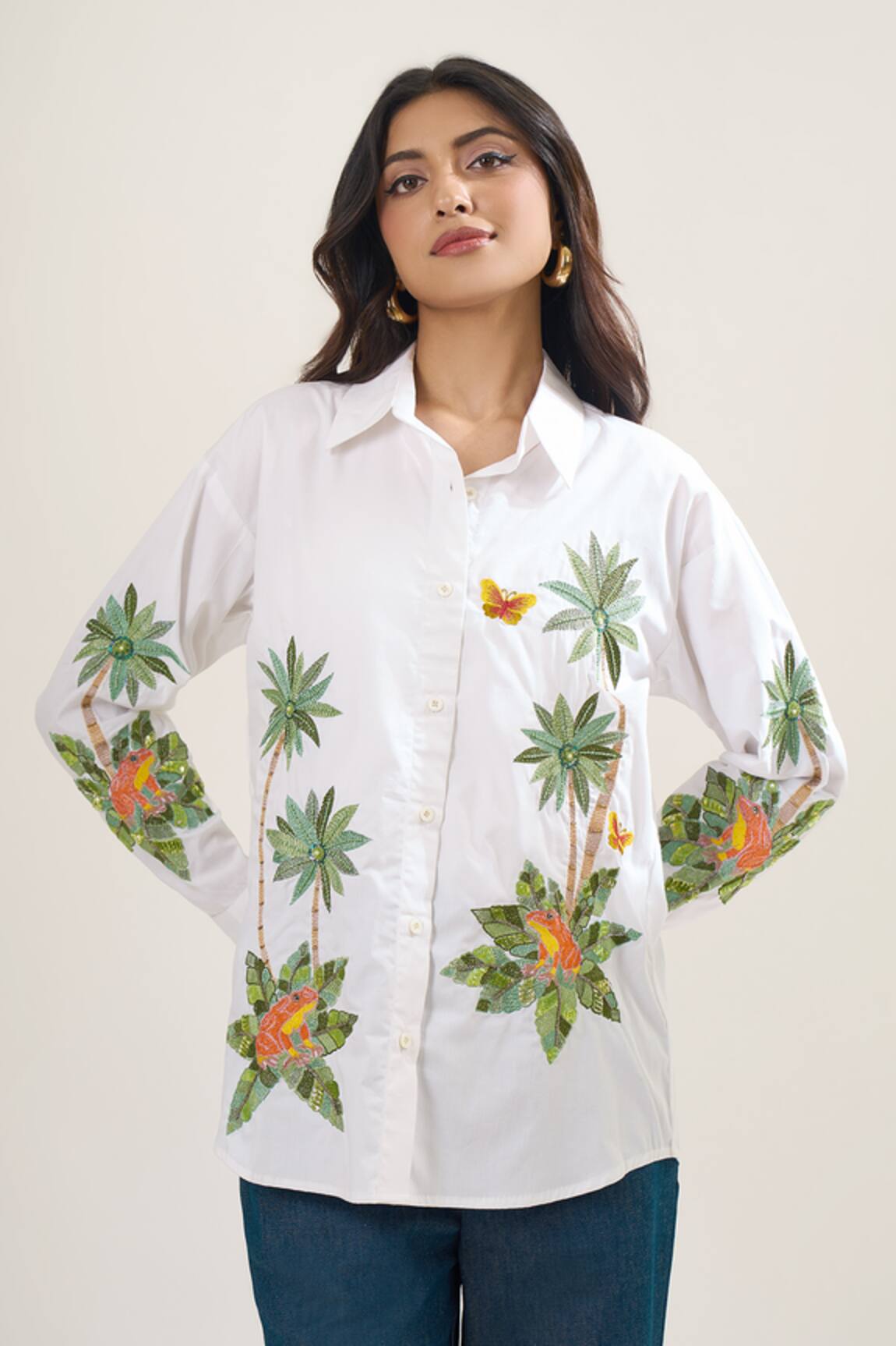 Elarra By Pratyancha Poplin Palm Tree & Butterfly Embroidered Shirt