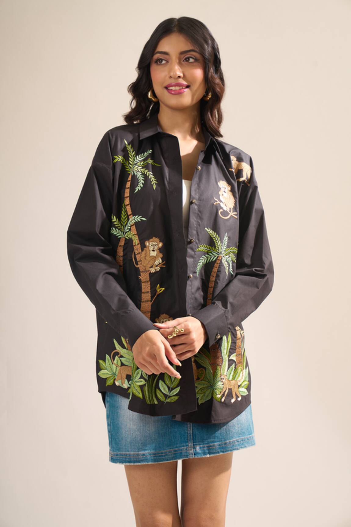 Elarra By Pratyancha Poplin Jungle Monkey Embroidered Shirt