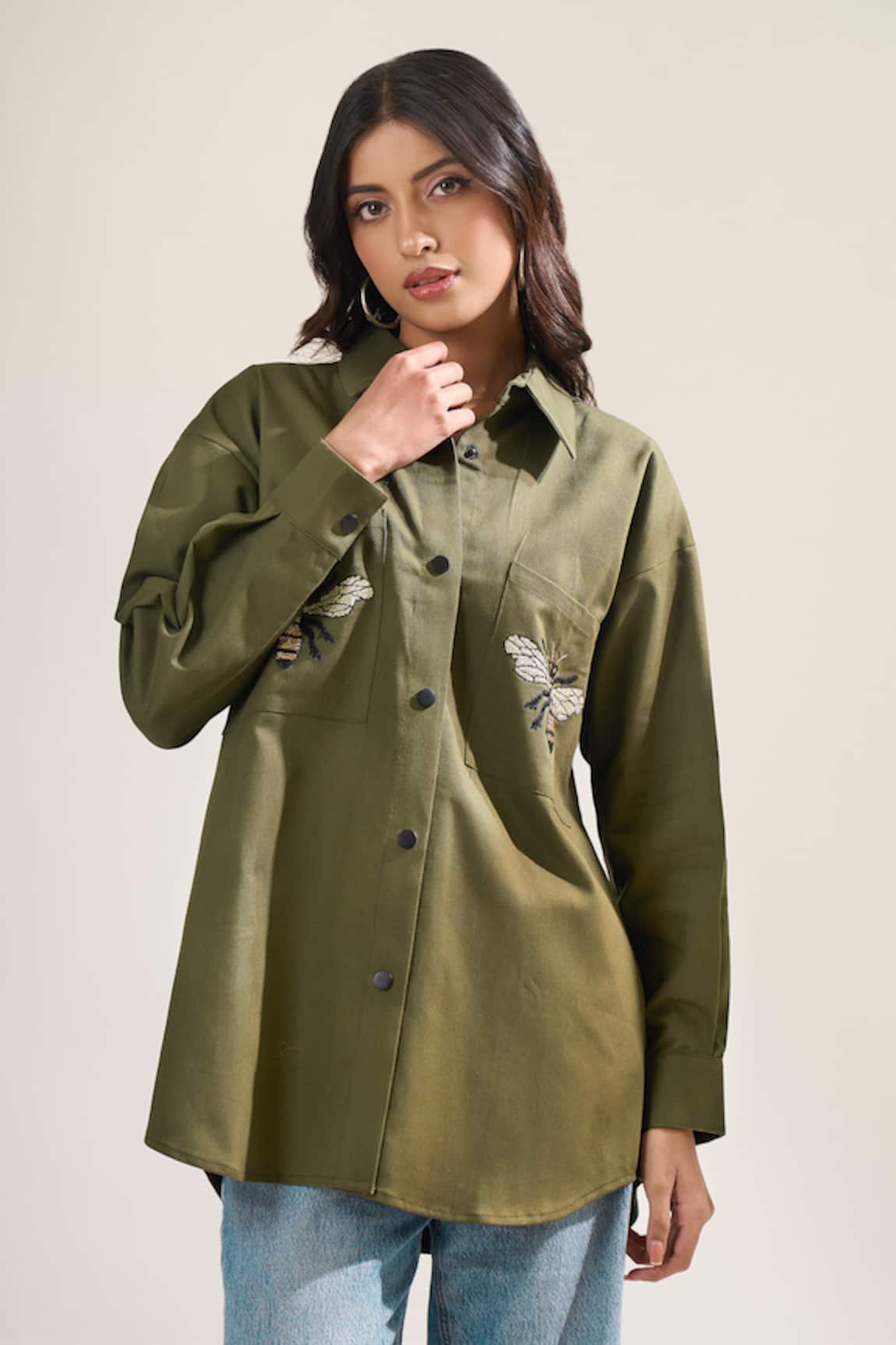 Elarra By Pratyancha Bee Embroidered Denim Shirt