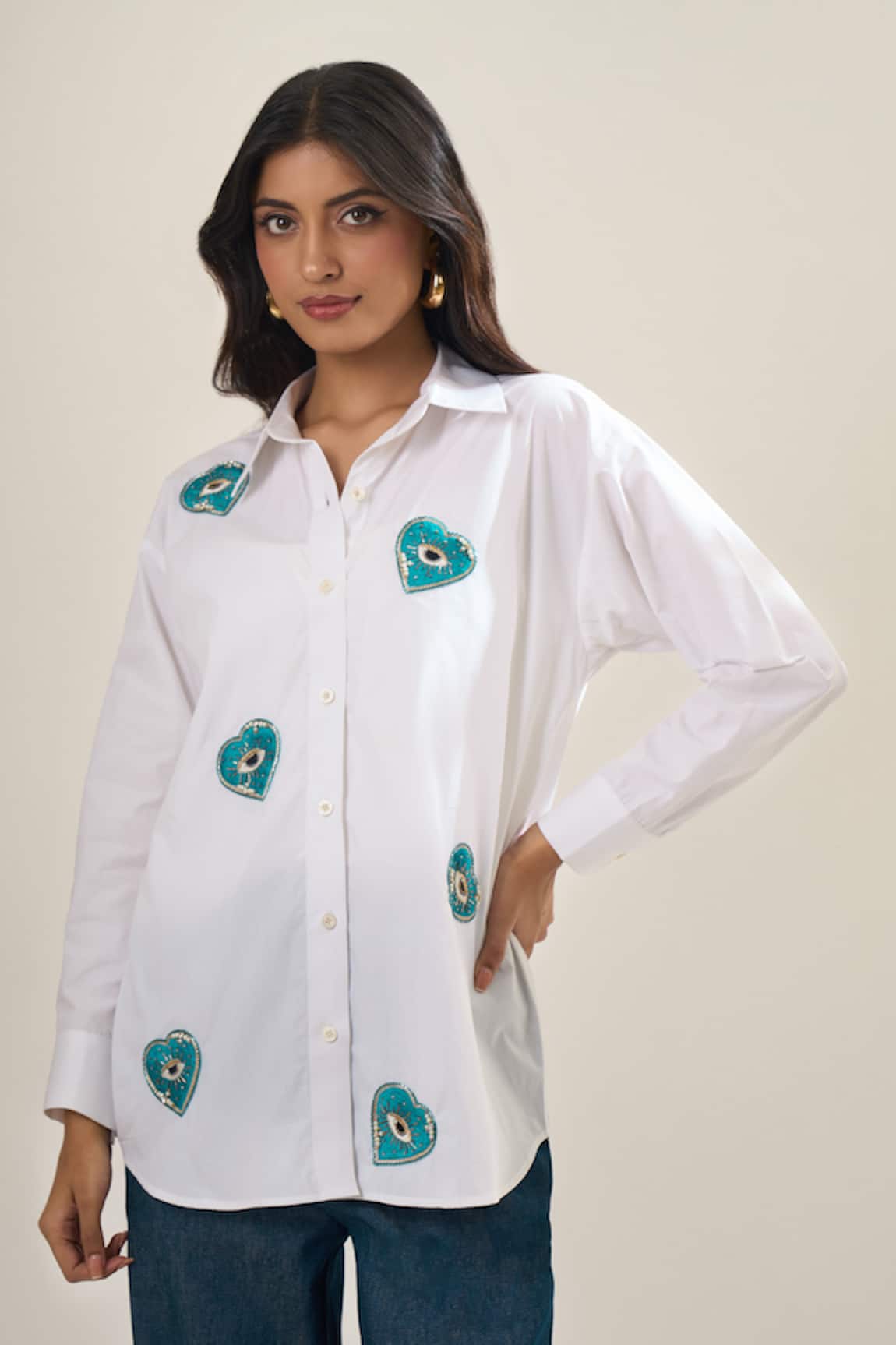 Elarra By Pratyancha Poplin Royal Mini Heart Embellished Shirt