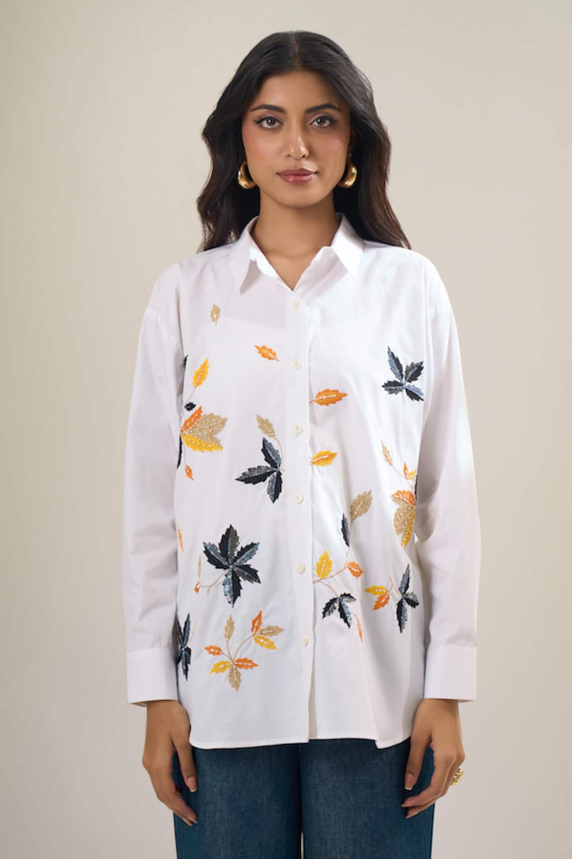 Elarra By Pratyancha Autumn Leaf Embroidered Poplin Shirt