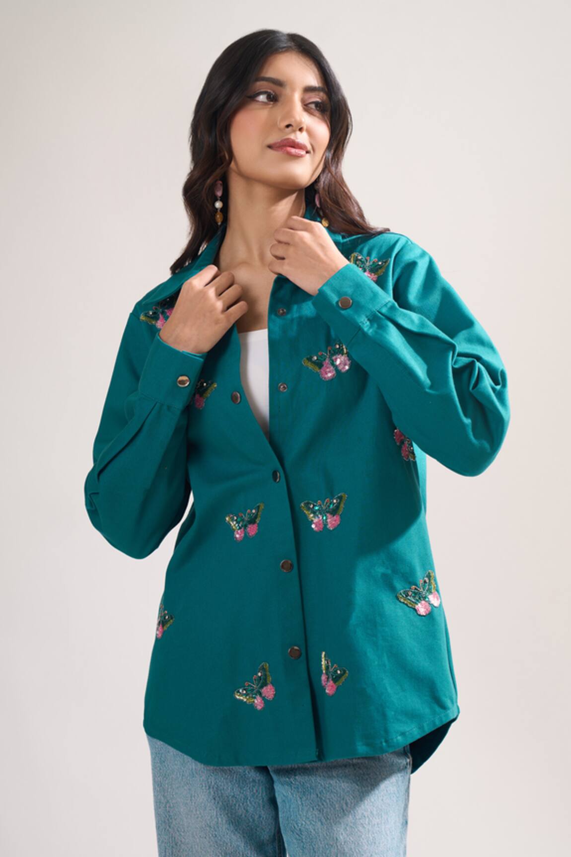 Elarra By Pratyancha Butterfly Embroidered Denim Shirt