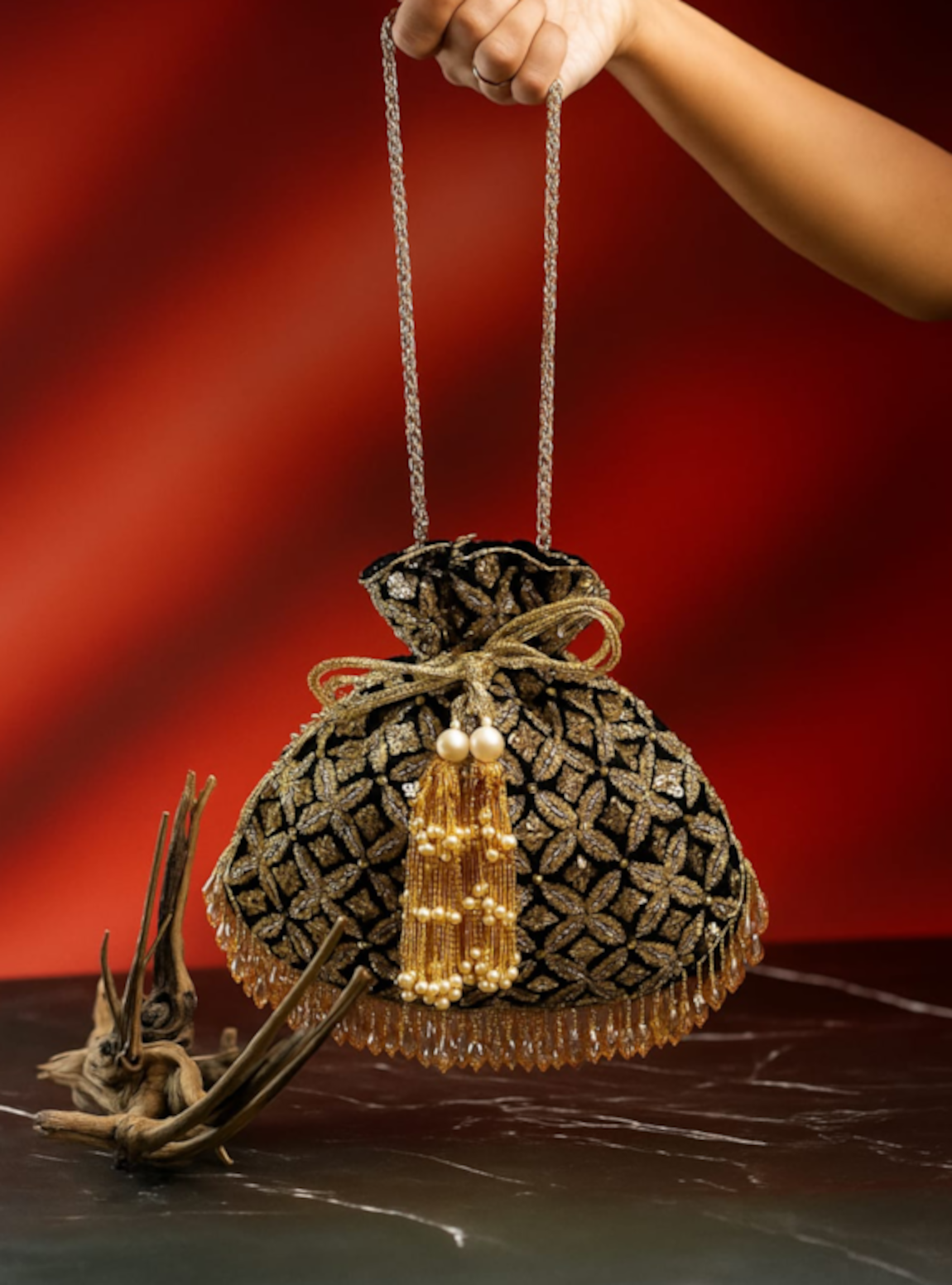 Nayaab By Sonia Leafy Lattice Embroidered Potli 