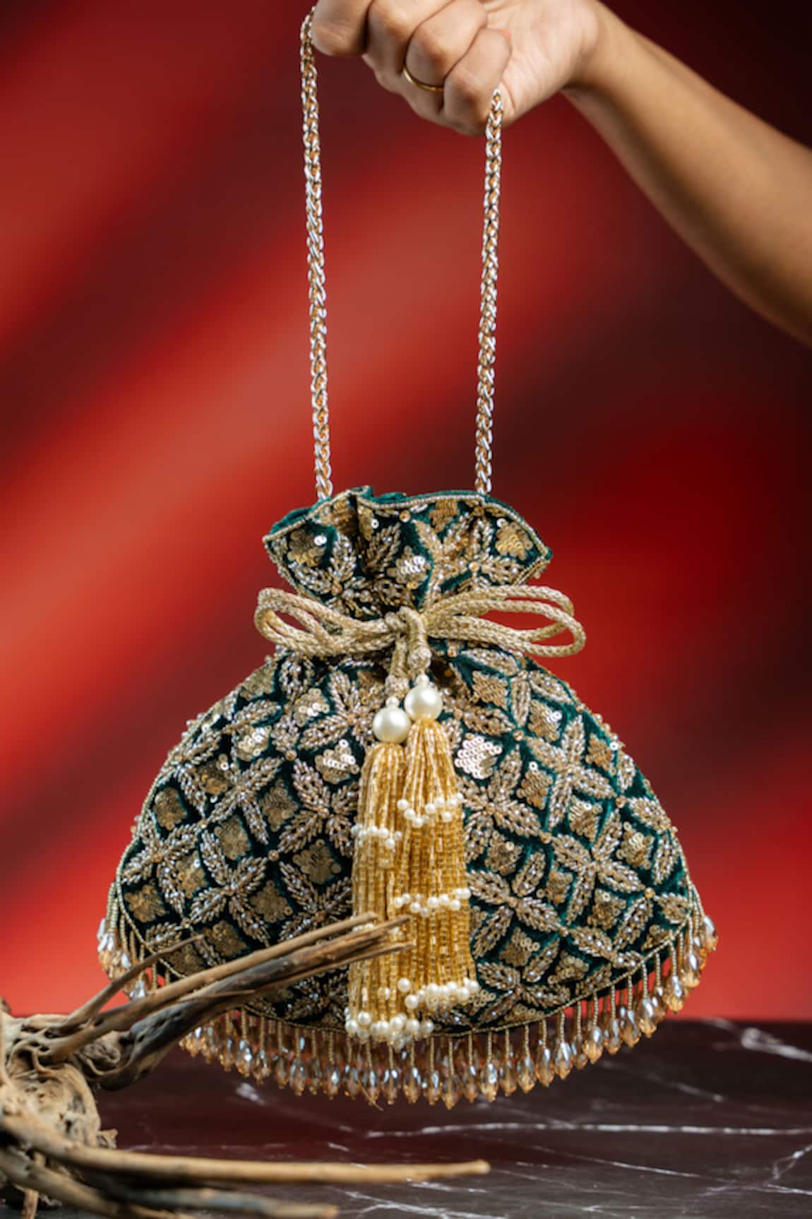 Nayaab By Sonia Leafy Lattice Embroidered Potli 