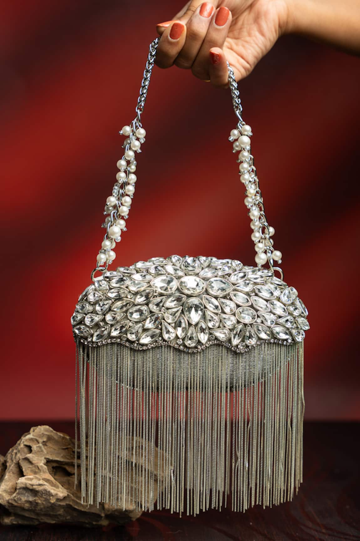 Nayaab By Sonia Diamond Hinted Radiance Silver Crystal Stone & Metallic Fringe Clutch