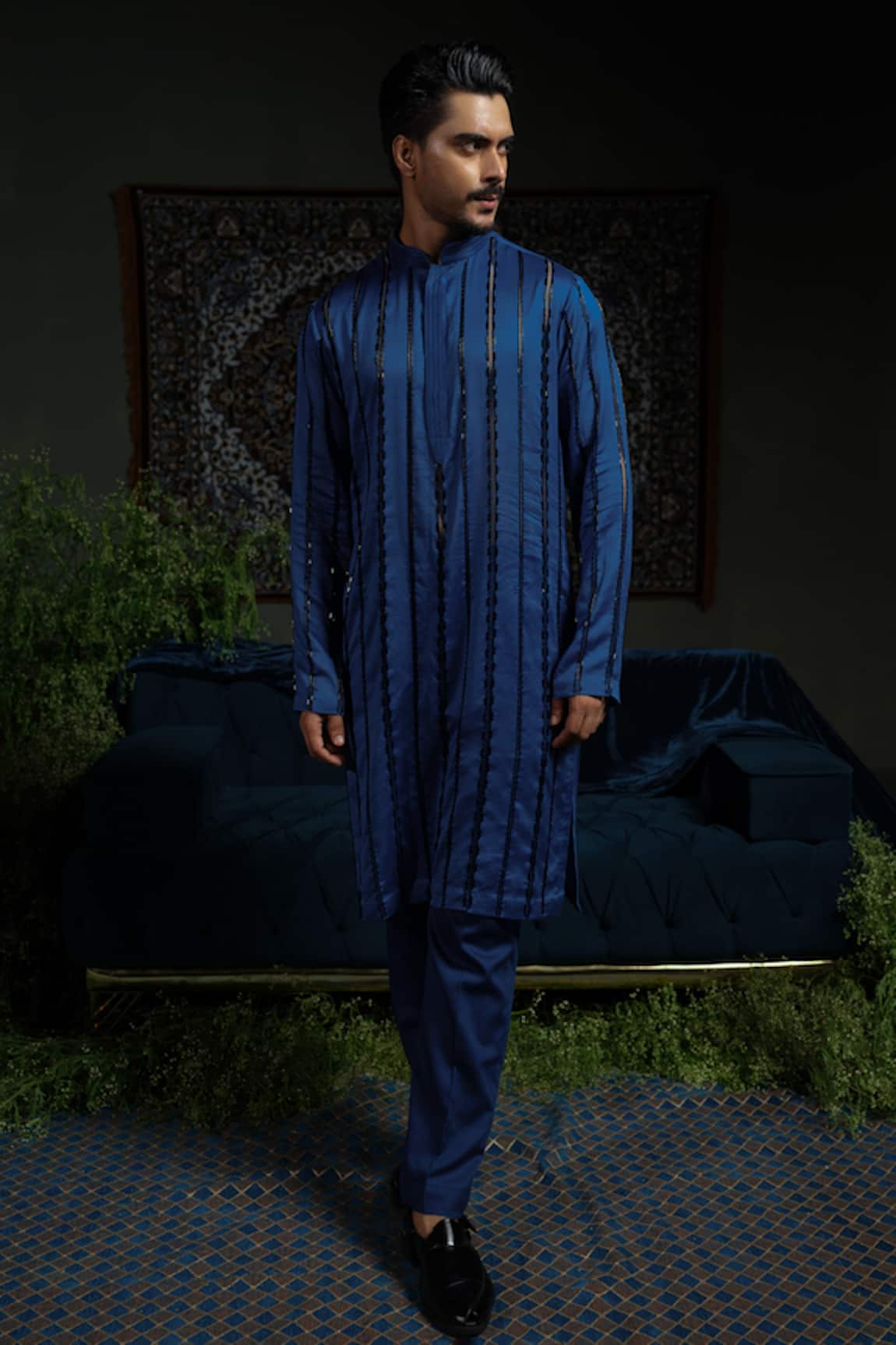 Runit Gupta Midnight Stripe Blue Kurta Set 