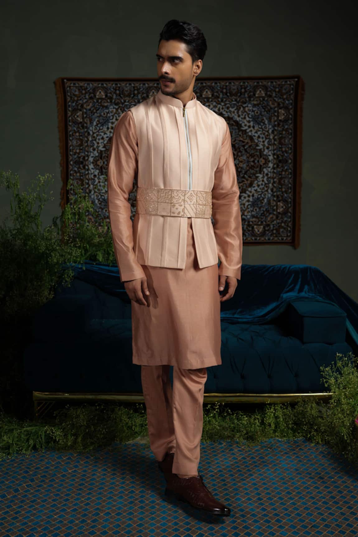 Runit Gupta Peach Pink Pintuck Bundi & Kurta Set
