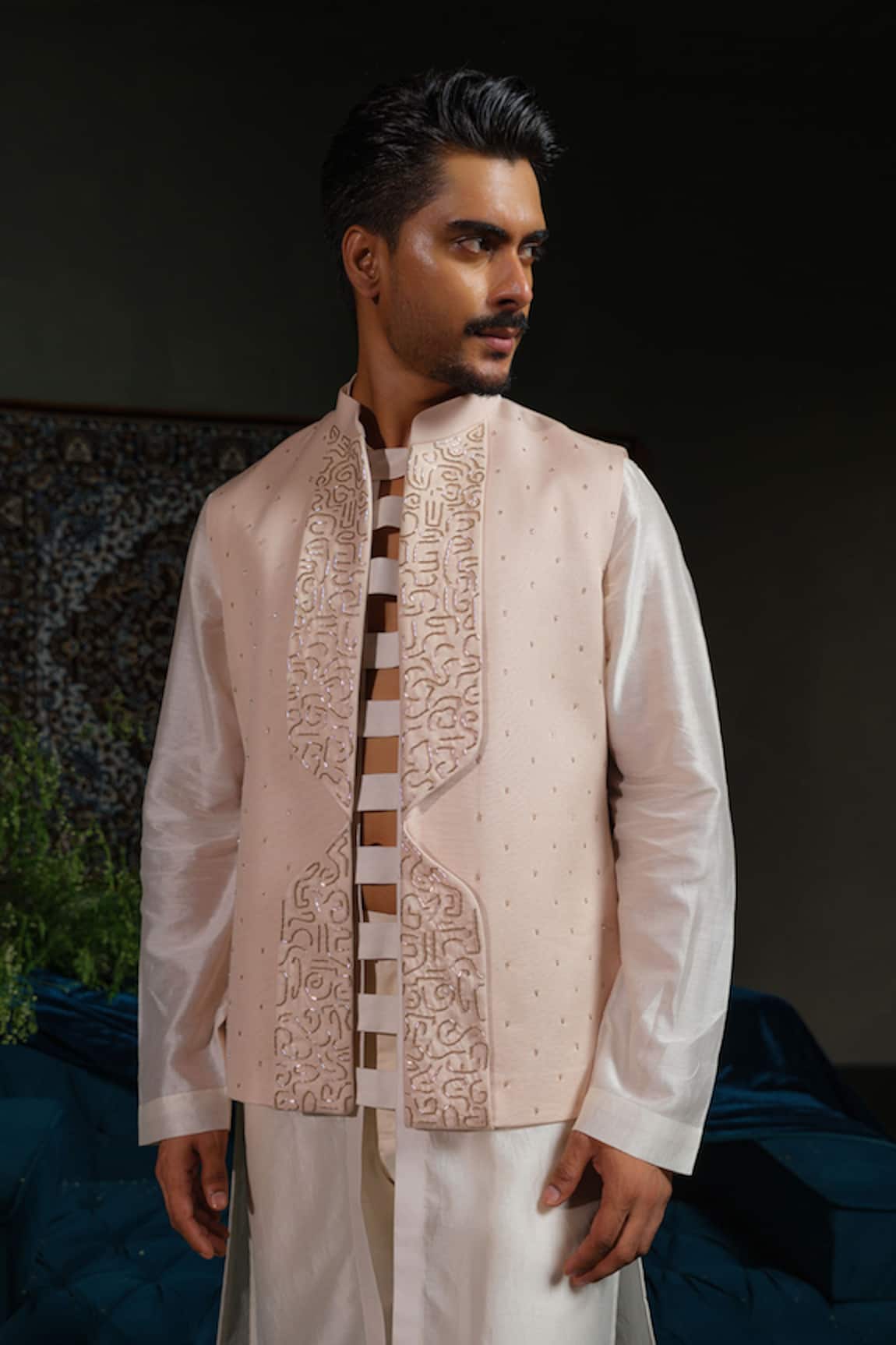 Runit Gupta Arch Lapel Rose Linen Cotton Nehru Jacket