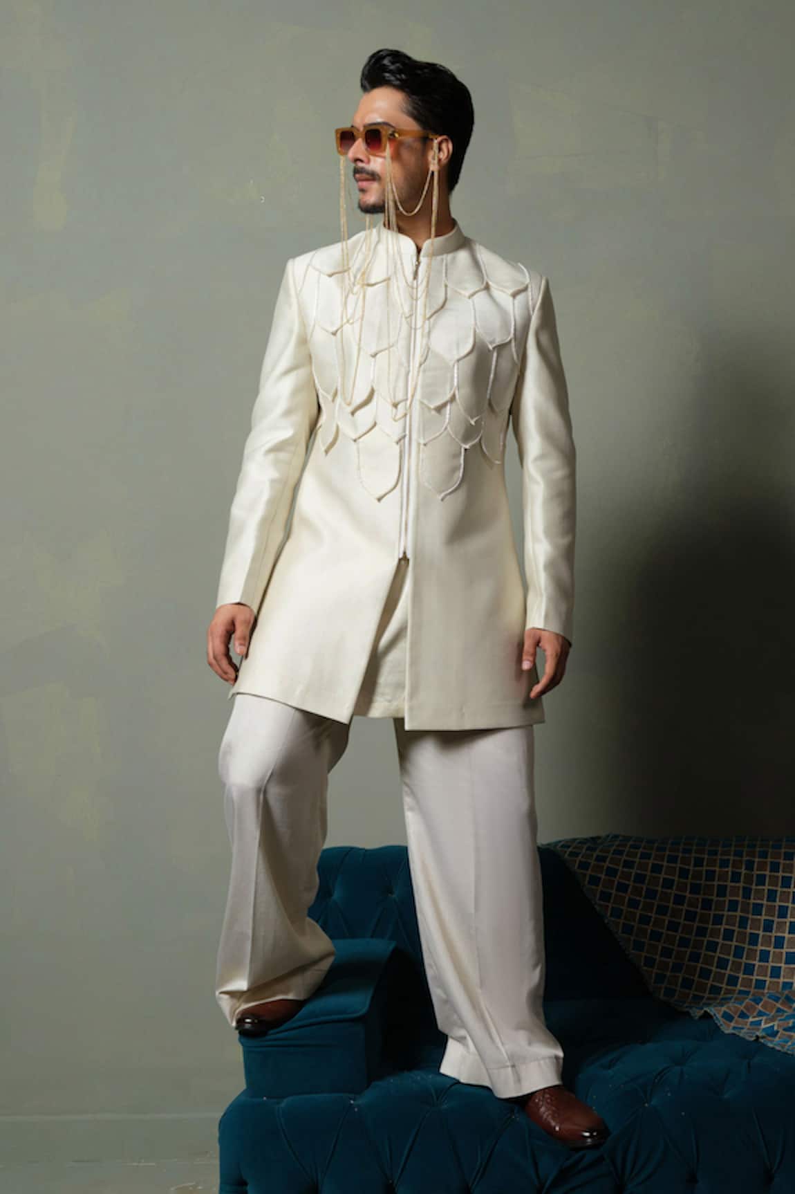 Runit Gupta Dusty Ivory Flap Sherwani Set