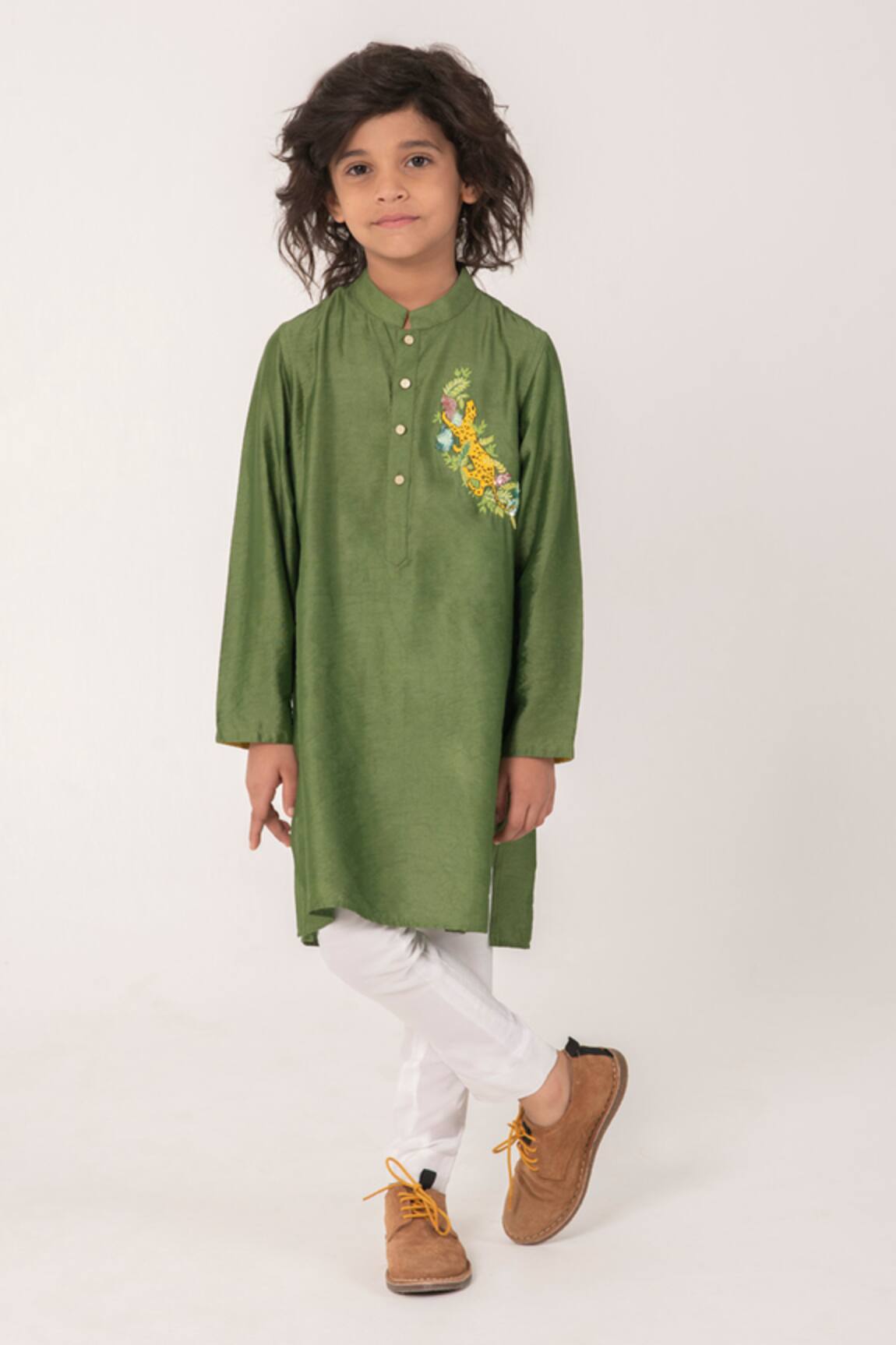 Partykles Cheetah Embroidered Chest Motif Kurta Set