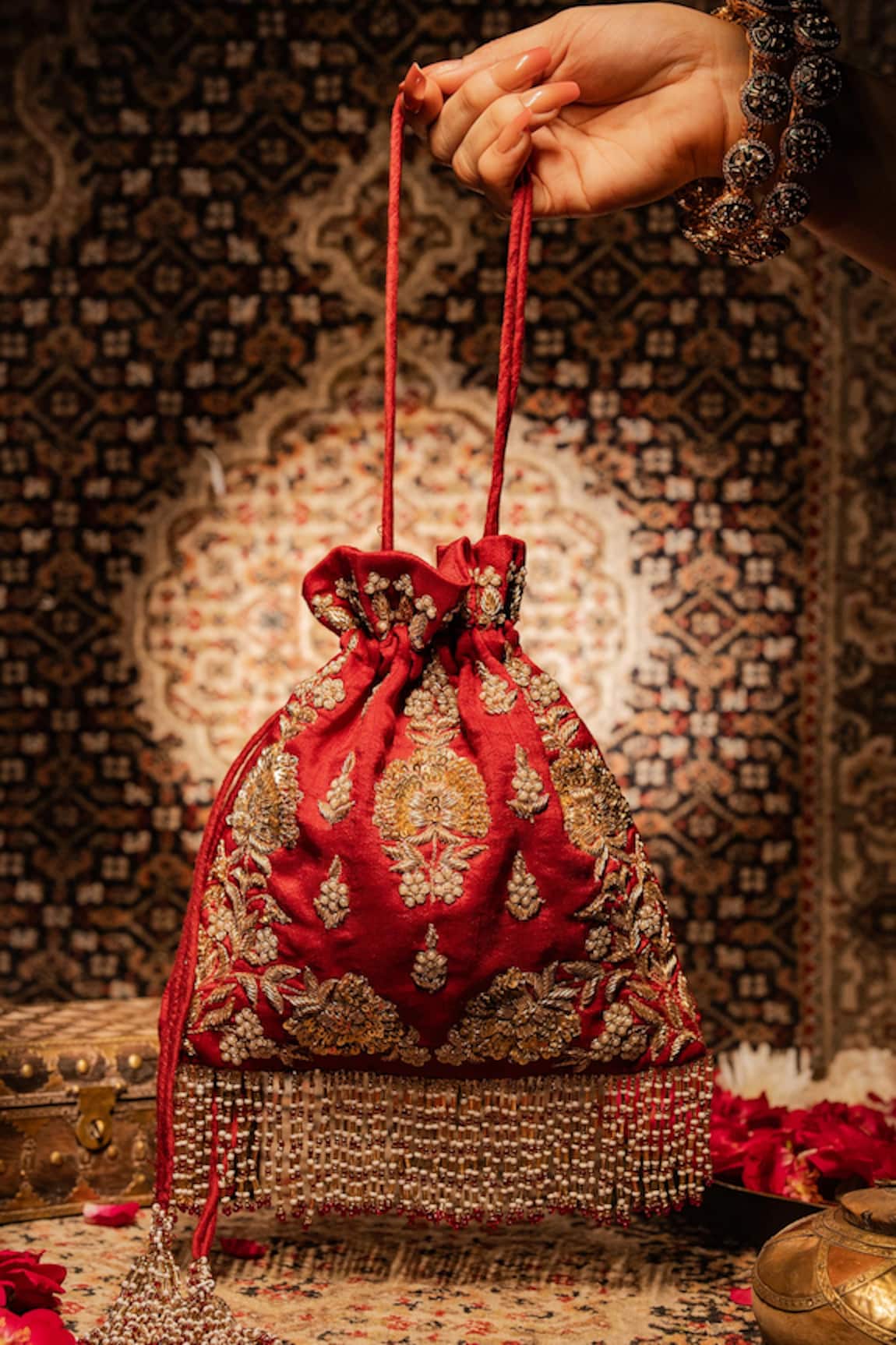 House Of Ekara Surkh Embroidered Potli Bag 