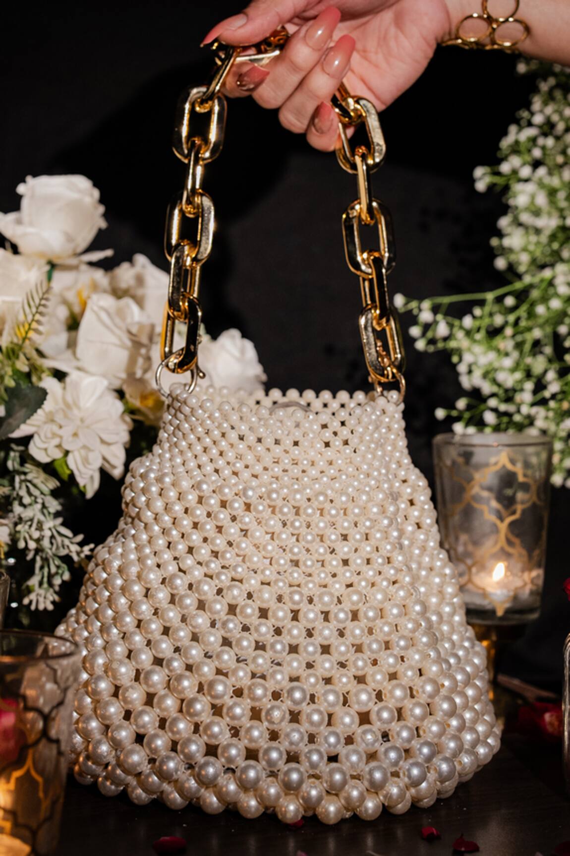 House Of Ekara Audrey Pearl Embroidered Handbag  