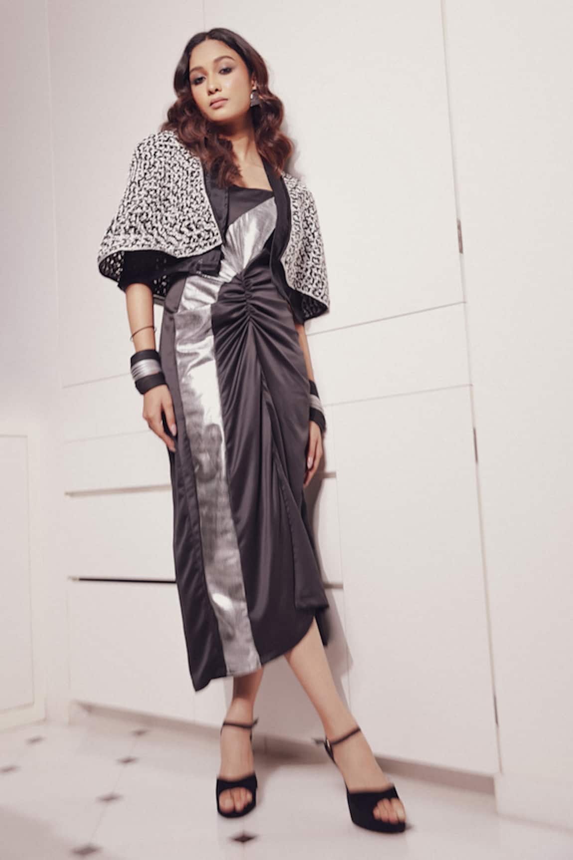 Devina Juneja Paris Cape Jacket With Ruched Dress 