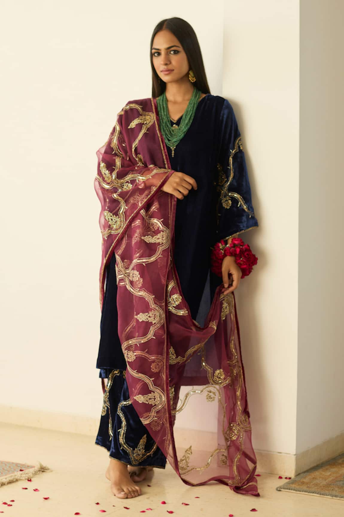 Sarang Kaur Blue Tarunima Velvet Kurta Set