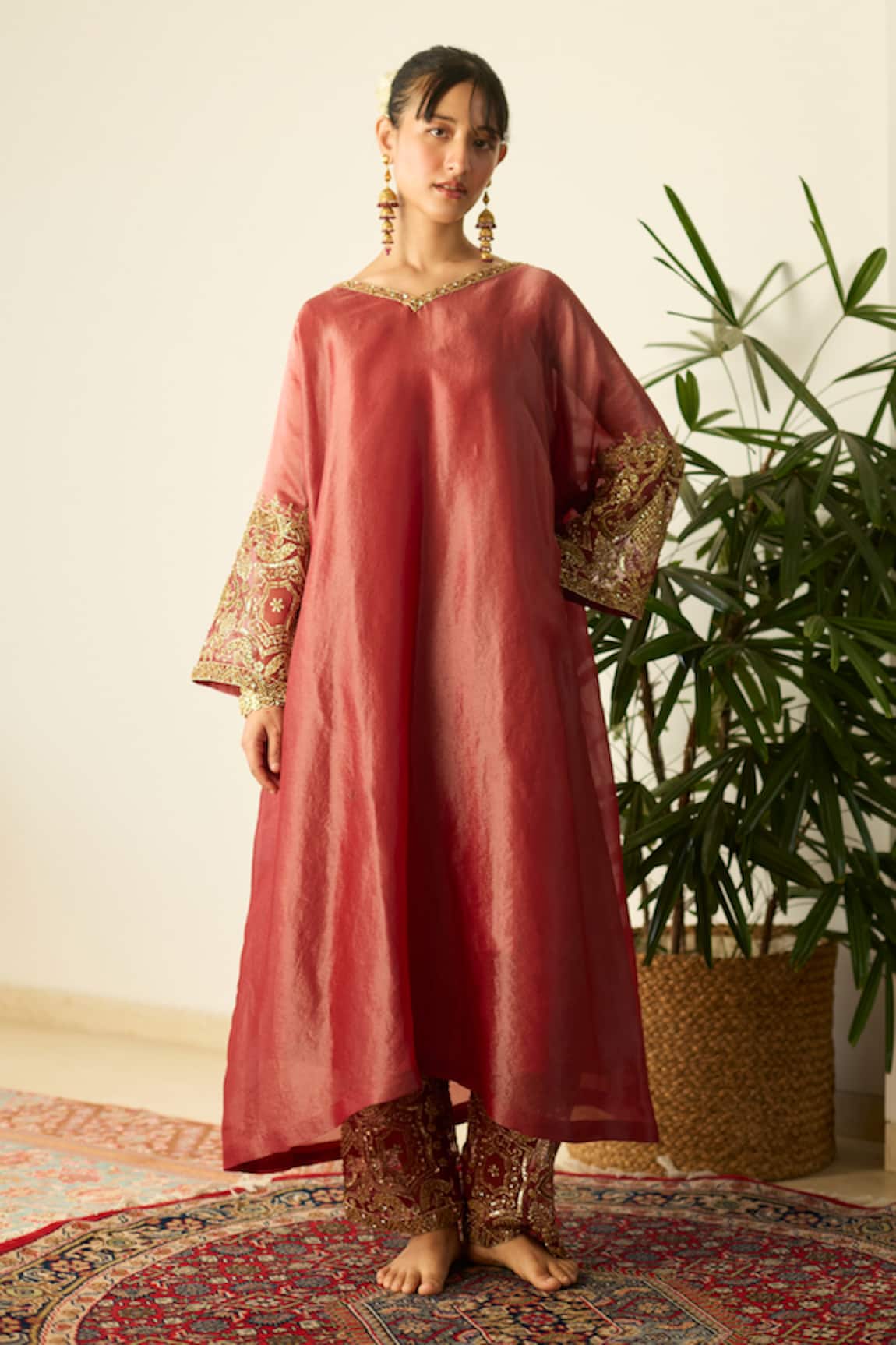 Sarang Kaur Red Rubaab Tissue Silk Kaftan Set