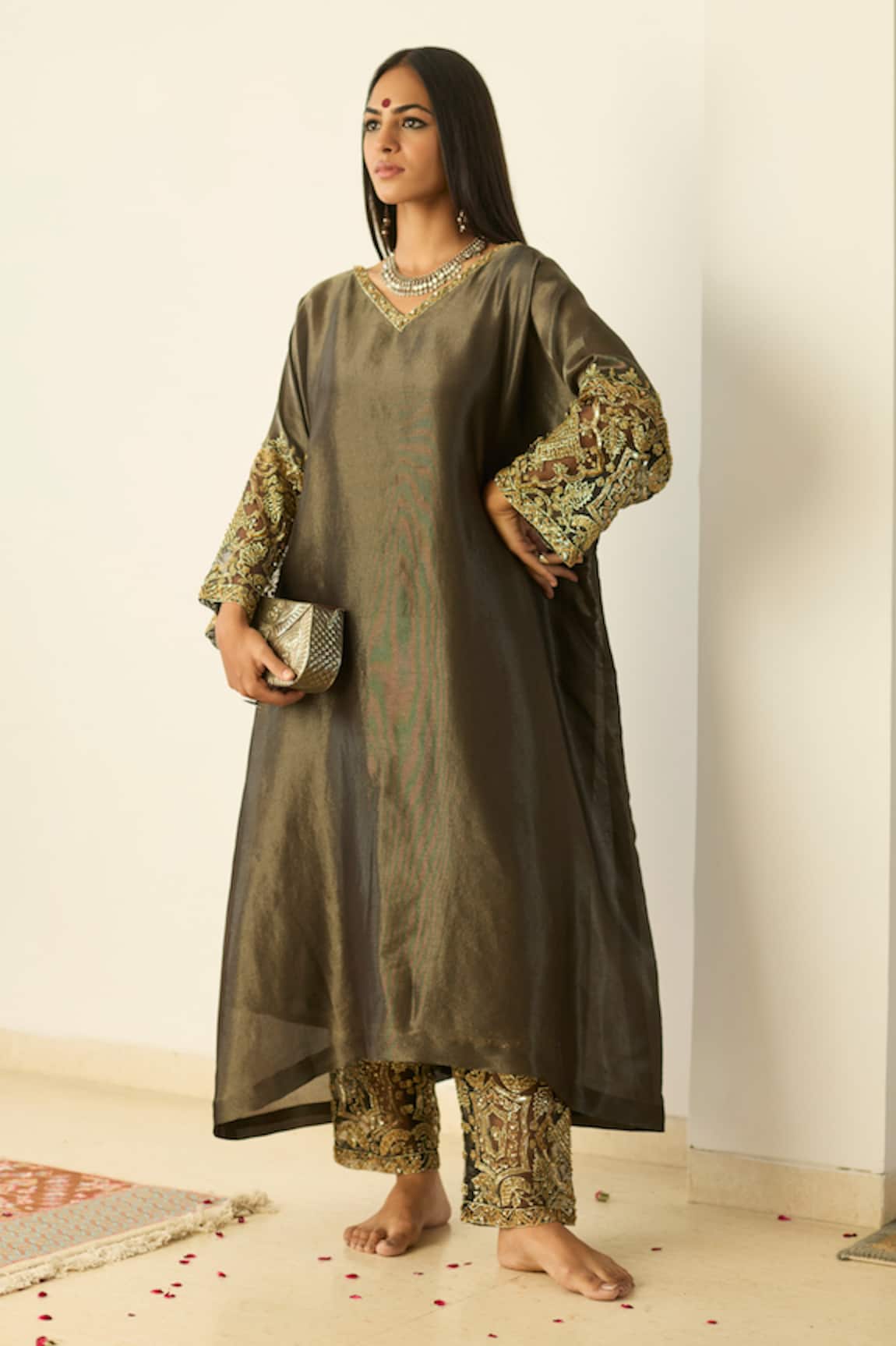 Sarang Kaur Grey Rubaab Tissue Silk Kaftan Set