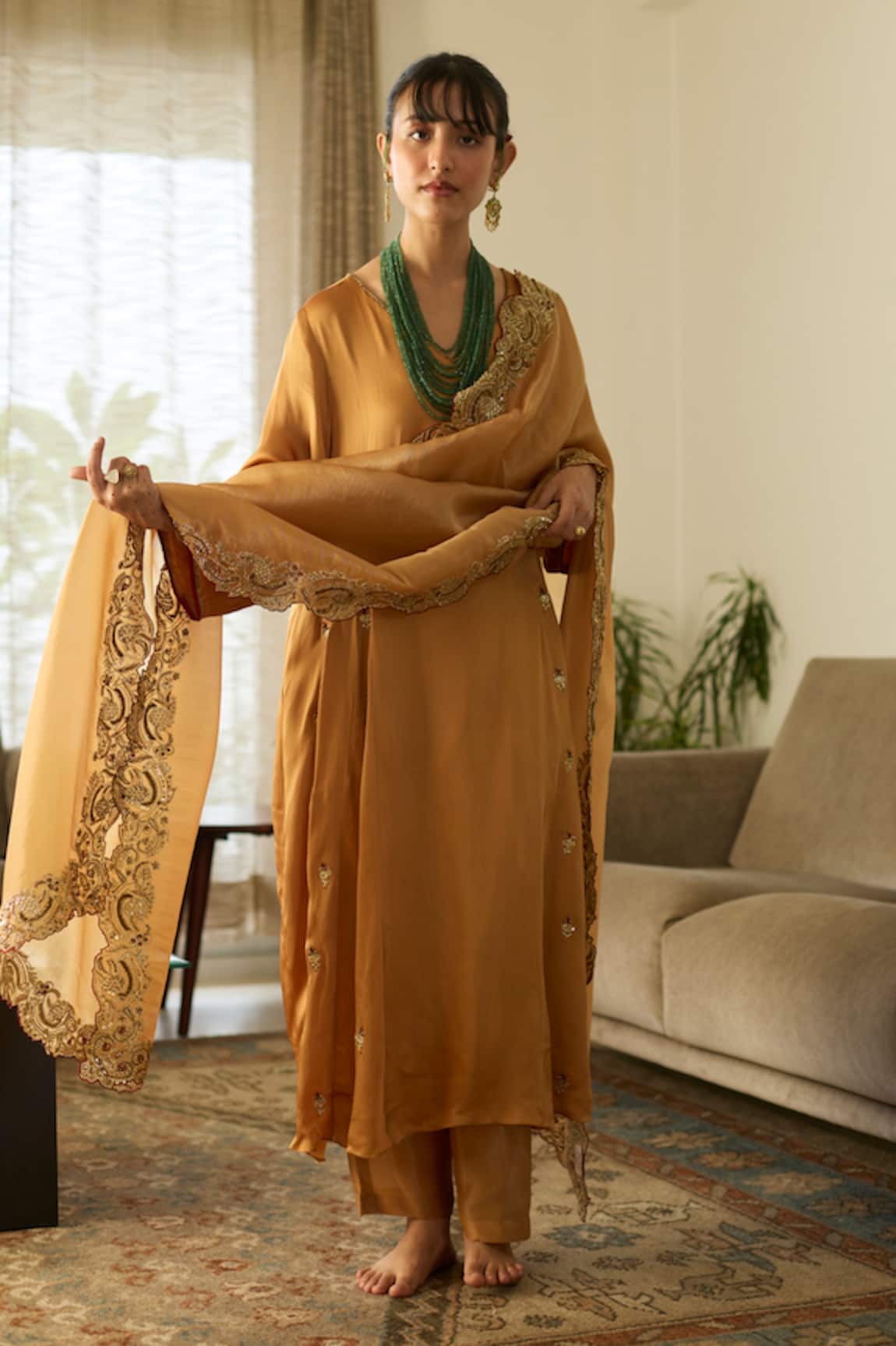 Sarang Kaur Mustard Dua Satin Silk Kurta Set