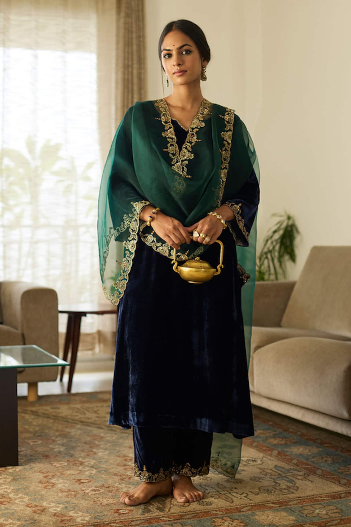 Sarang Kaur Blue Muraad Velvet Kurta Pant Set