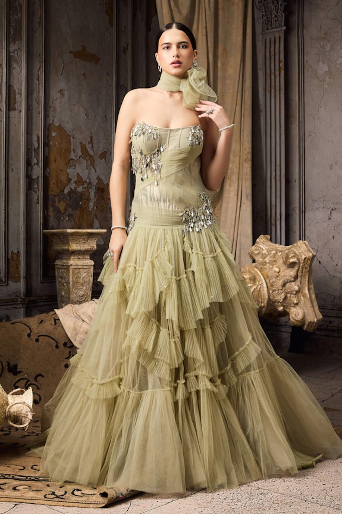 Rocky Star Hand Embroidered Tiered Gown With Scarf