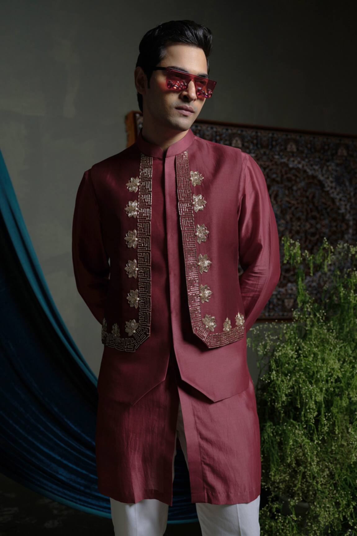 Runit Gupta Maroon Panelled Nehru Jacket