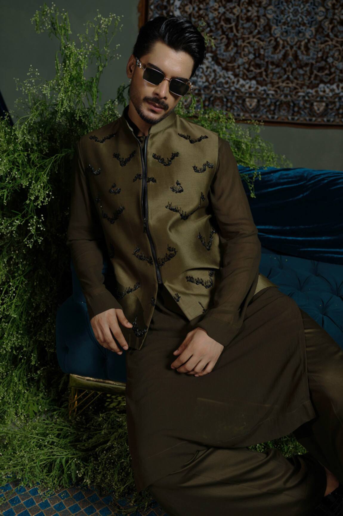 Runit Gupta Olive Zipper Nehru Jacket