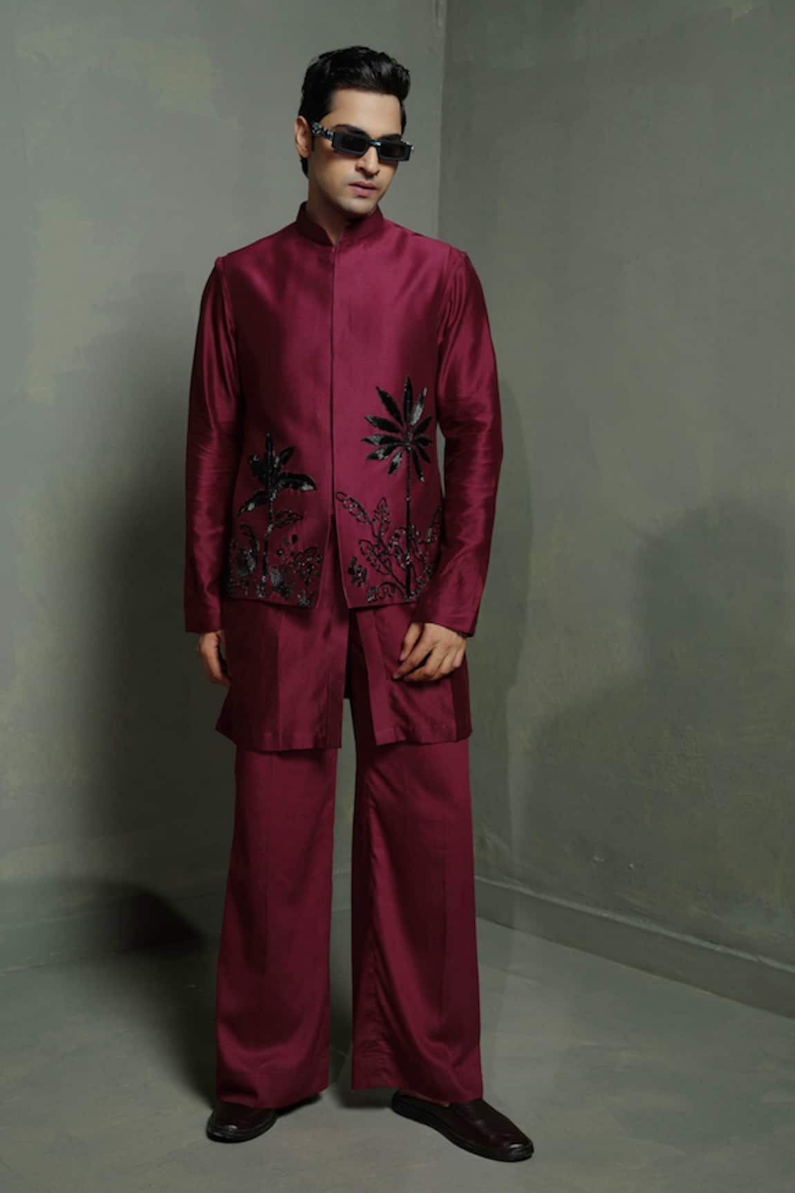 Runit Gupta Wine Palm Bundi & Kurta Set