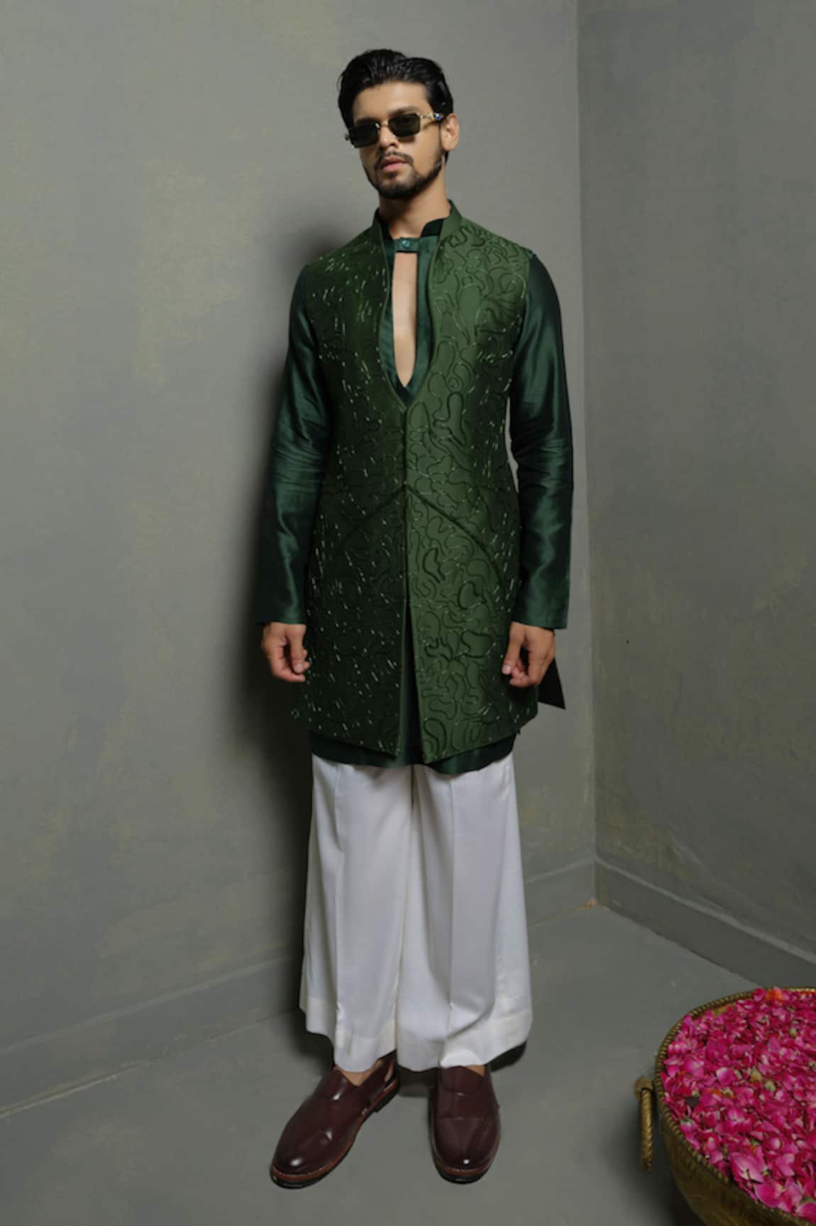 Runit Gupta Forest Chanderi Silk Nehru Jacket