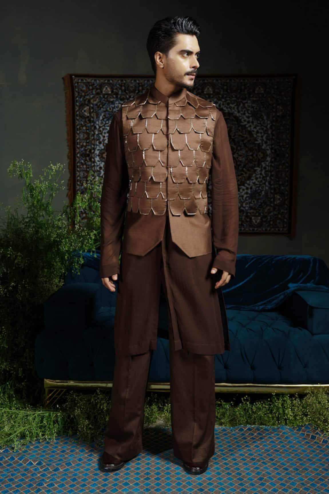 Runit Gupta Brown Chanderi Silk Nehru Jacket